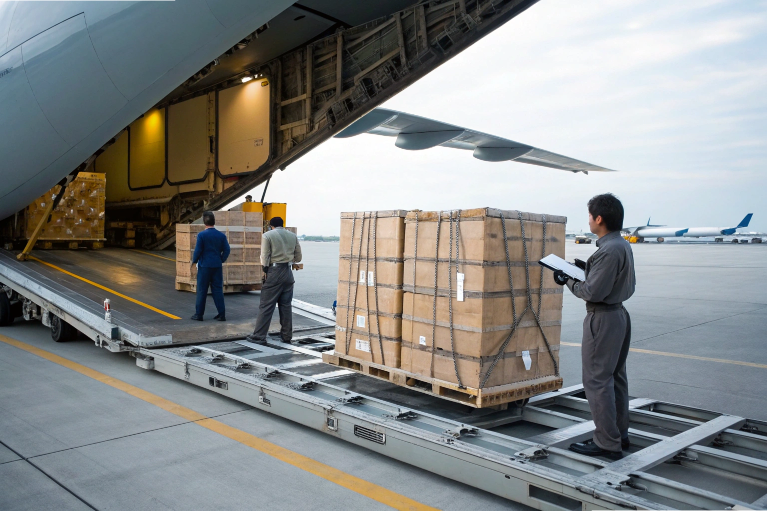 Workers loading export crates onto cargo plane