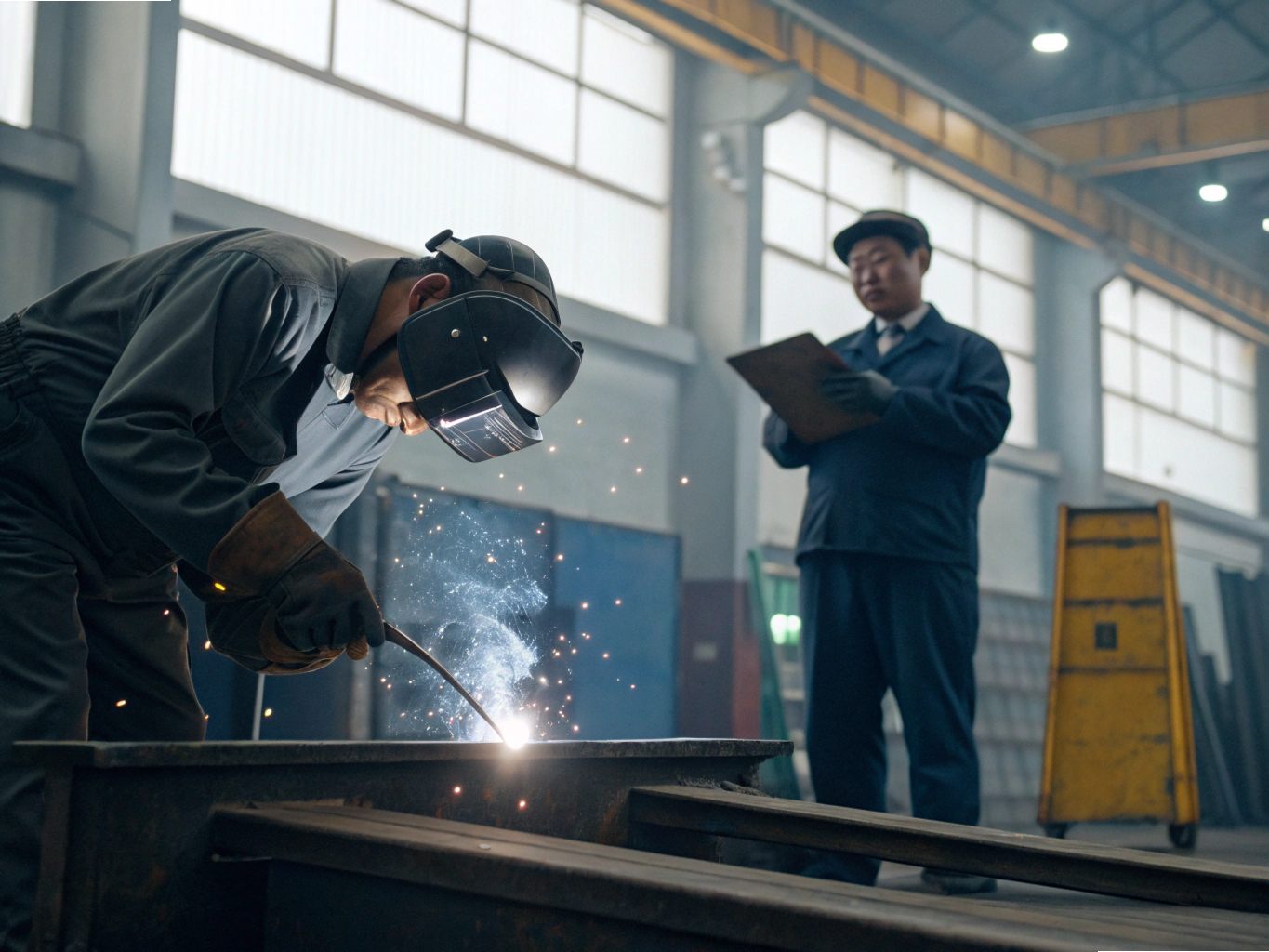 Inspector overseeing welding process at factory