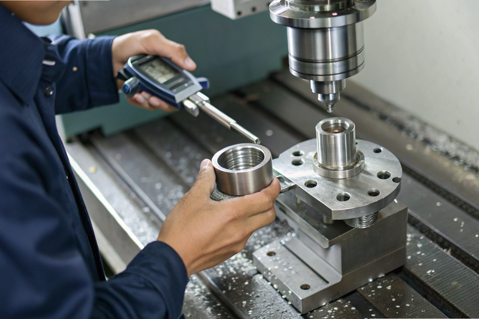 Technician measuring CNC-machined component