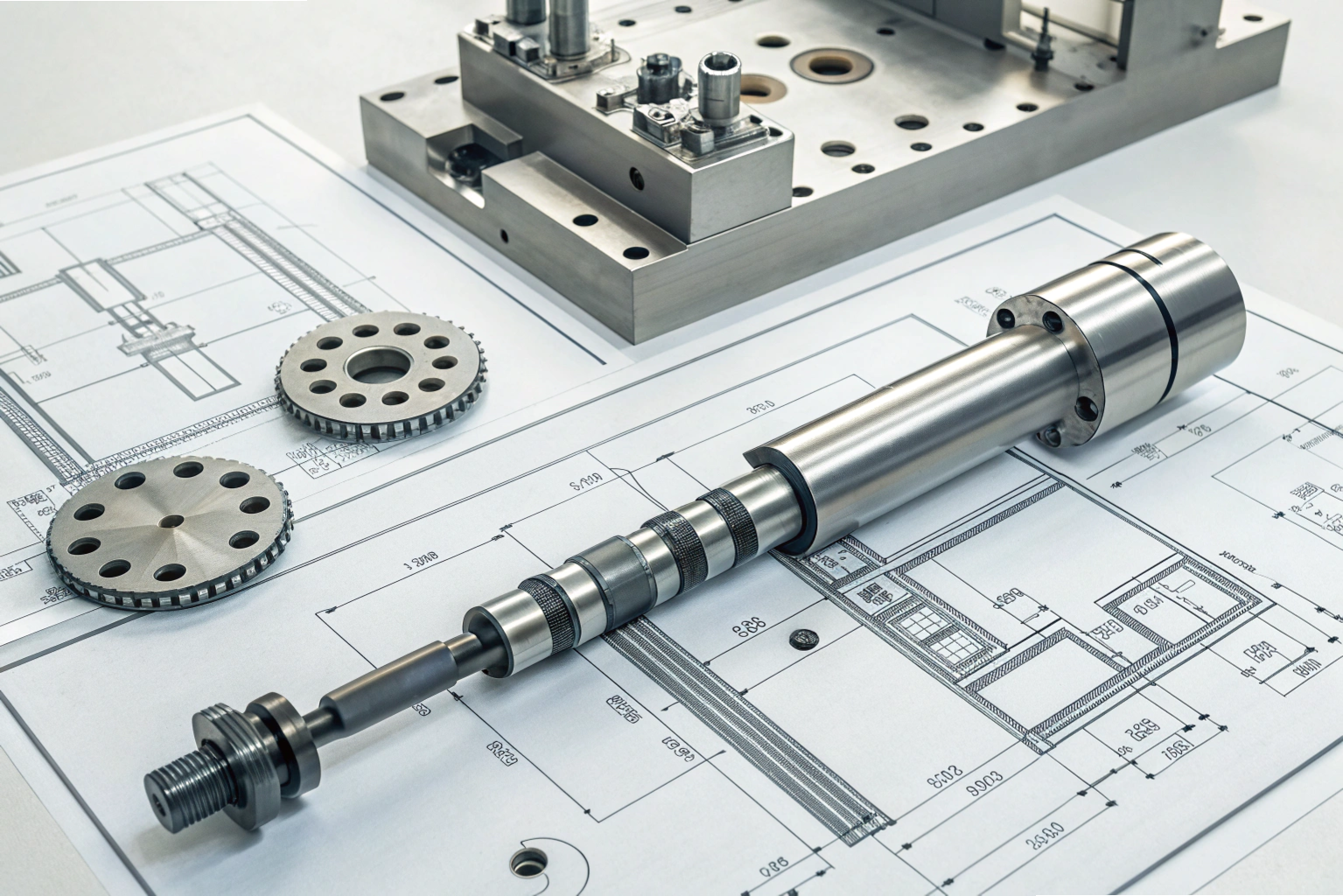 Custom metal shaft and gears on technical drawing