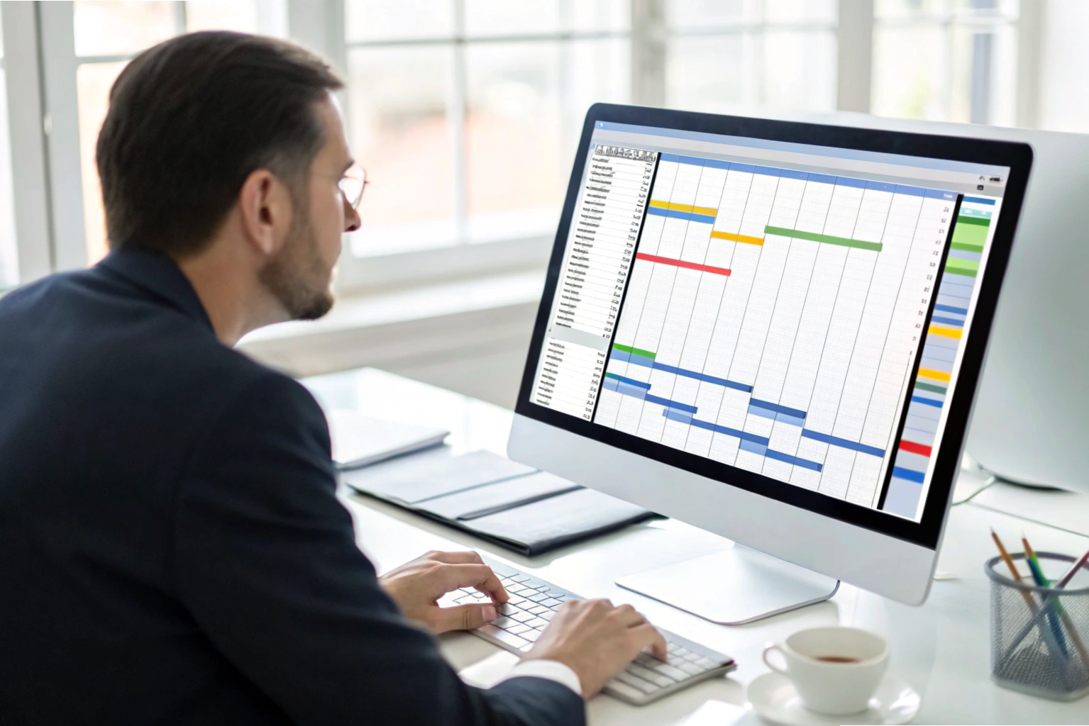 Manager scheduling production timeline on computer