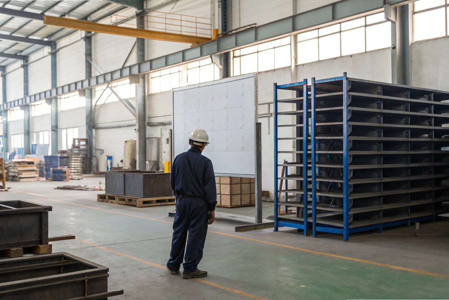 Engineer inspecting mold racks in factory