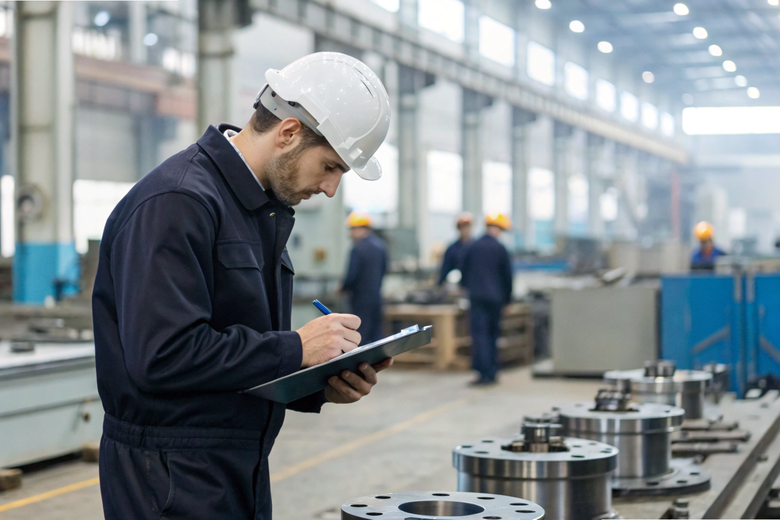 Inspector writing notes in machining workshop