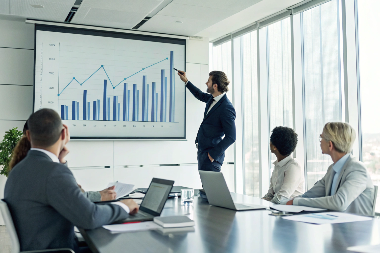 Business presentation Executive presenting growth strategy with financial charts