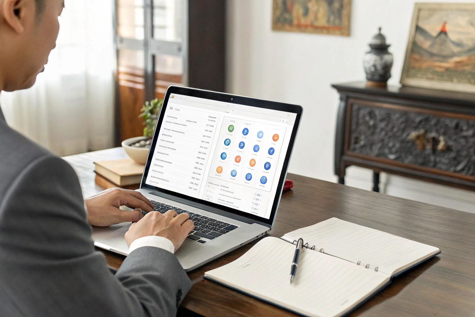 Financial management Professional managing finances on laptop at home office