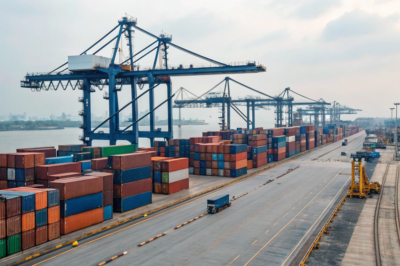 Stacked shipping containers at port with cranes