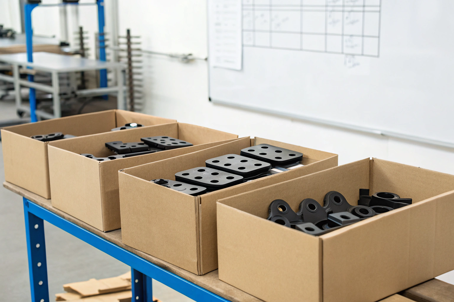 Parts packaging Cardboard boxes filled with black metal components