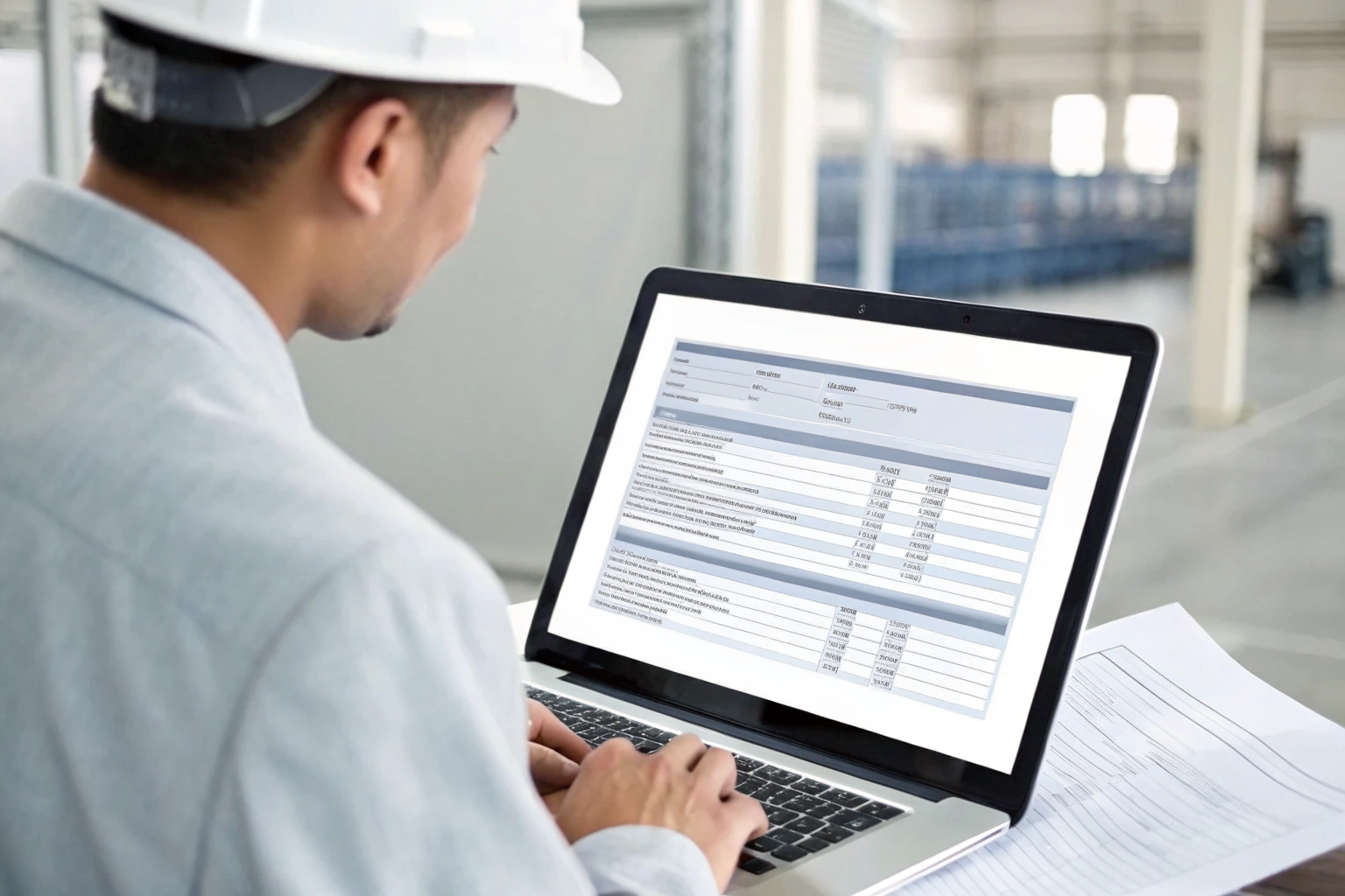Engineer reviewing technical data on laptop in factory