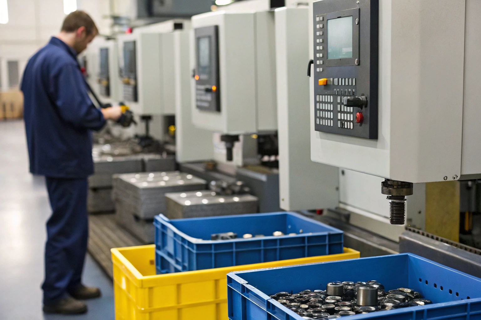 CNC machines producing customized mechanical parts in factory