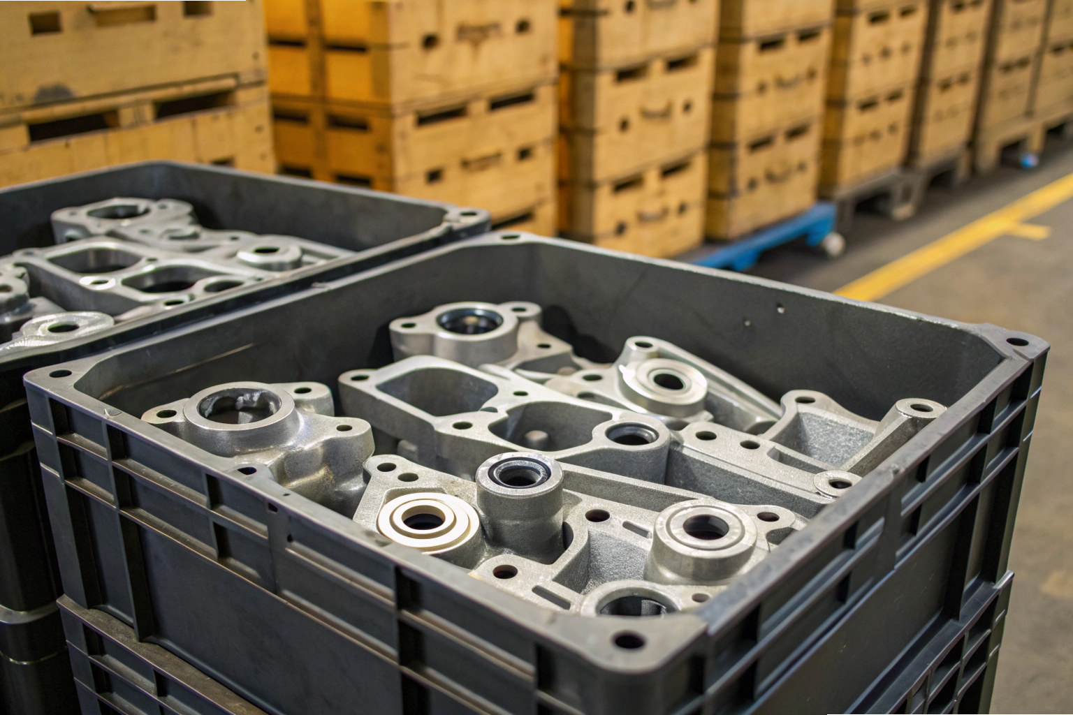 Batch of machined aluminum components in storage crate