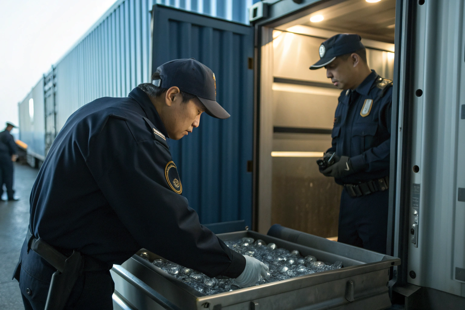 Customs officers examining cargo inside shipping container