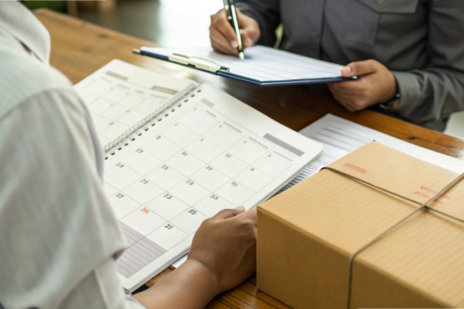 Business meeting with calendar, clipboard, and shipping box on desk