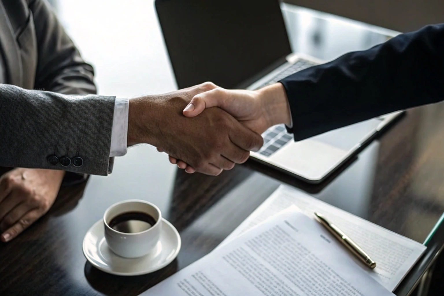 Partnership deal Business partners shaking hands over contract agreement