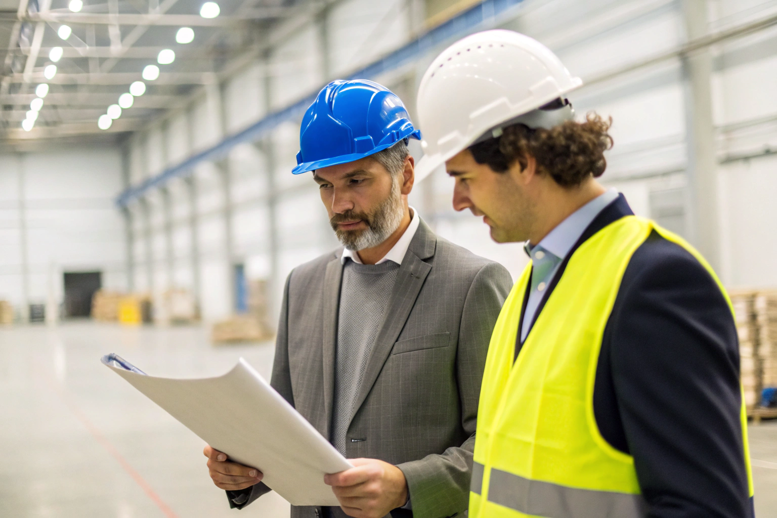Factory managers reviewing plans in warehouse facility