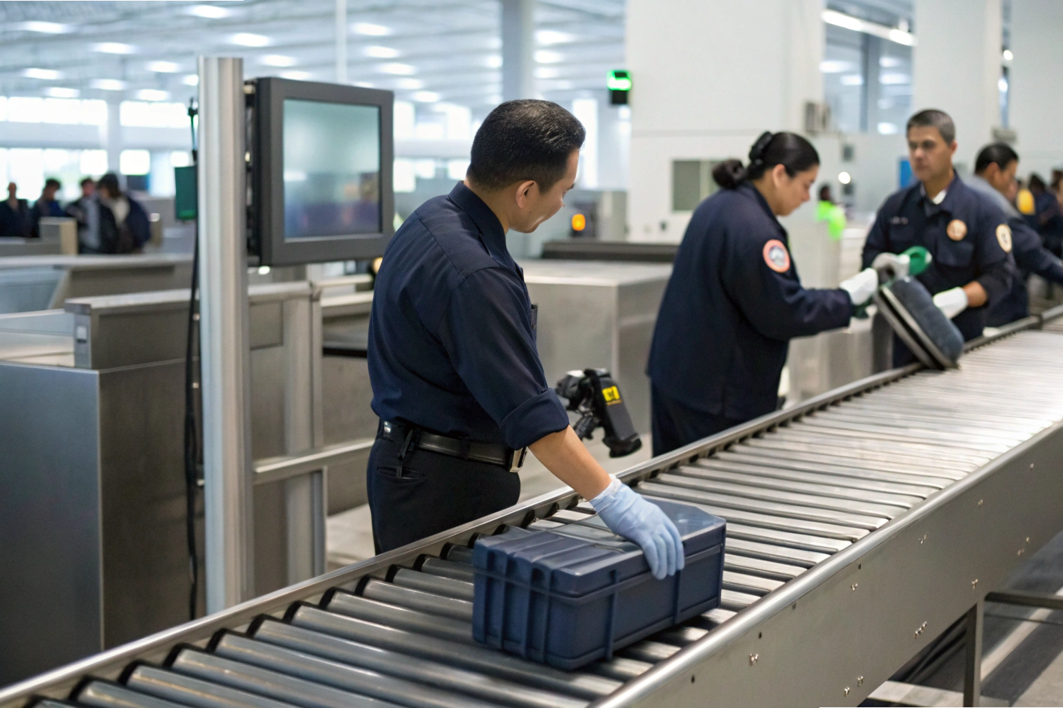 Customs officers inspecting packages at security checkpoint