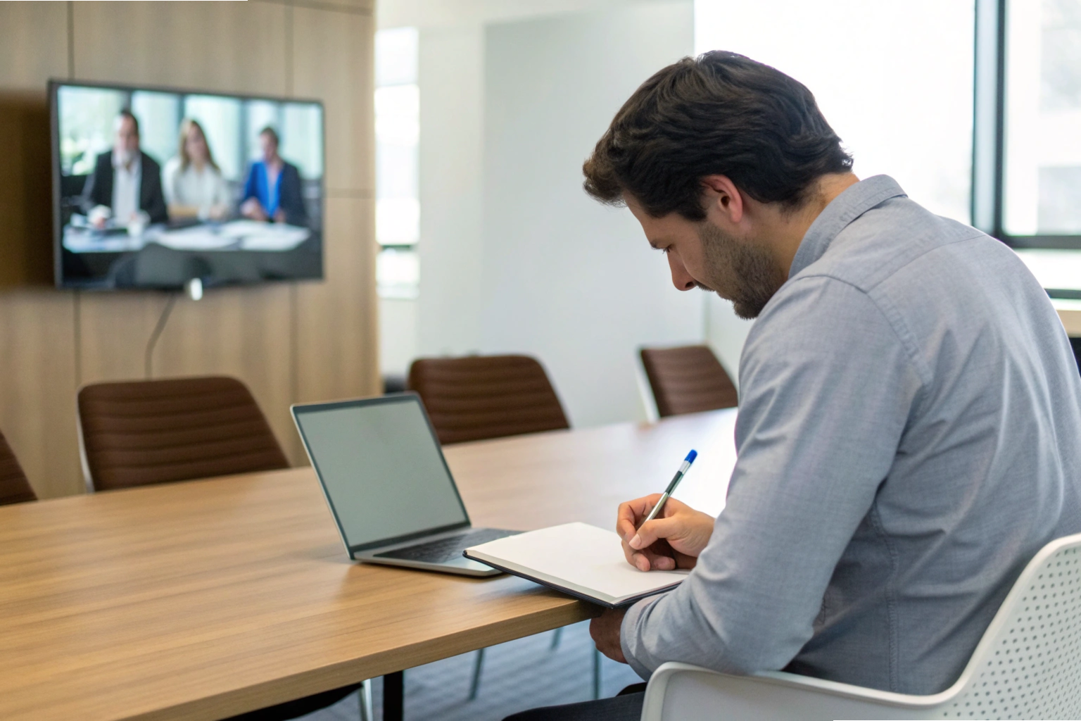 Virtual meeting Man taking notes during virtual business meeting in conference room (ID#1)