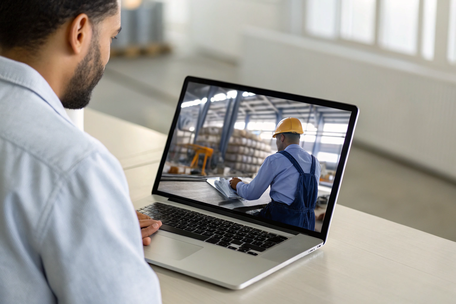 Remote inspection Manager conducting remote factory inspection via laptop