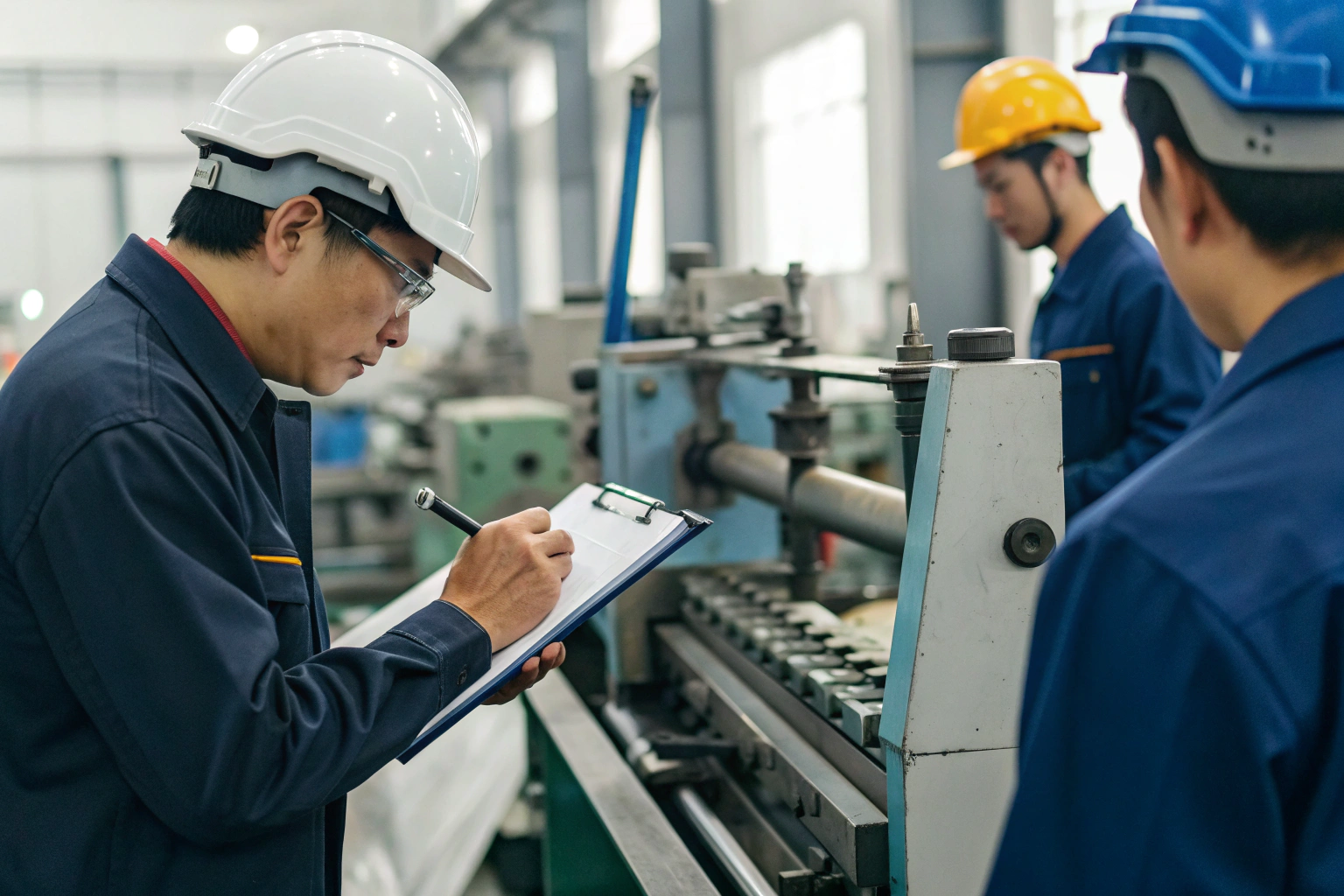 Machine inspection Engineer inspecting machinery and writing notes in workshop