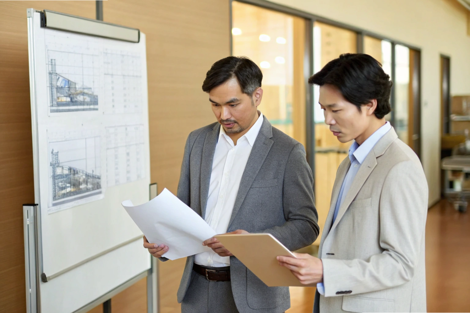 Project planning Executives reviewing construction blueprints near presentation board