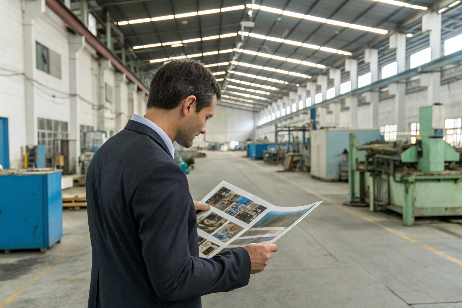 Businessman reviewing factory project images inside warehouse