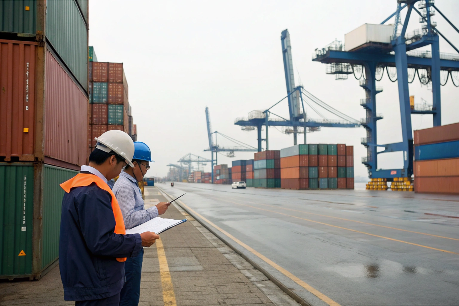 Cargo inspection Port inspectors reviewing cargo containers