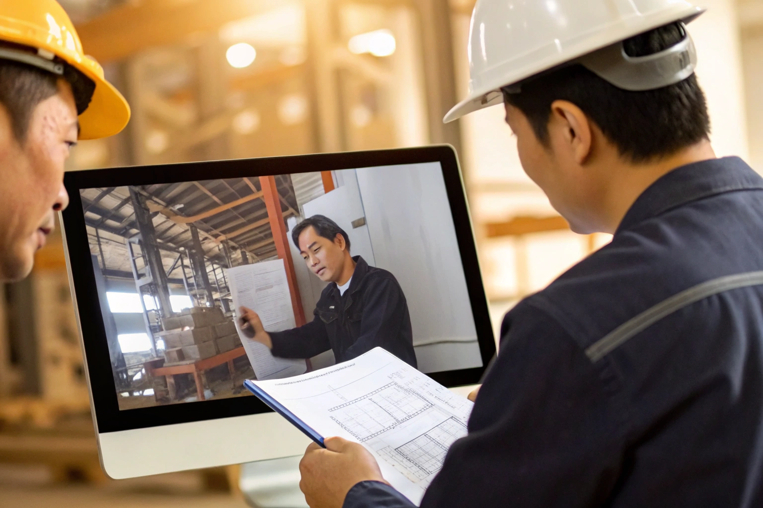 Virtual inspection Engineers in video call discussing factory blueprints