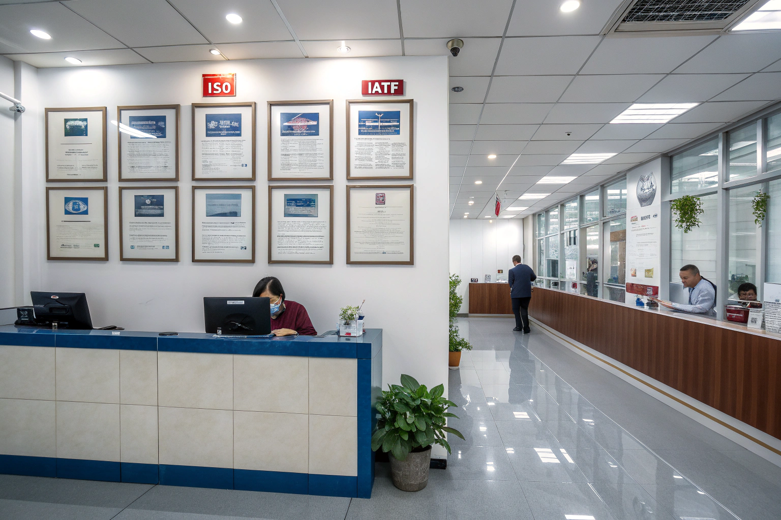 Factory reception area with ISO and IATF certifications displayed on wall