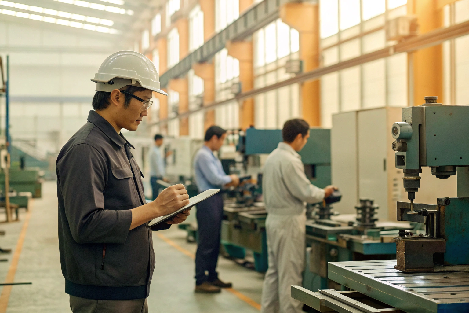 Factory inspection Engineer inspecting machinery inside manufacturing workshop