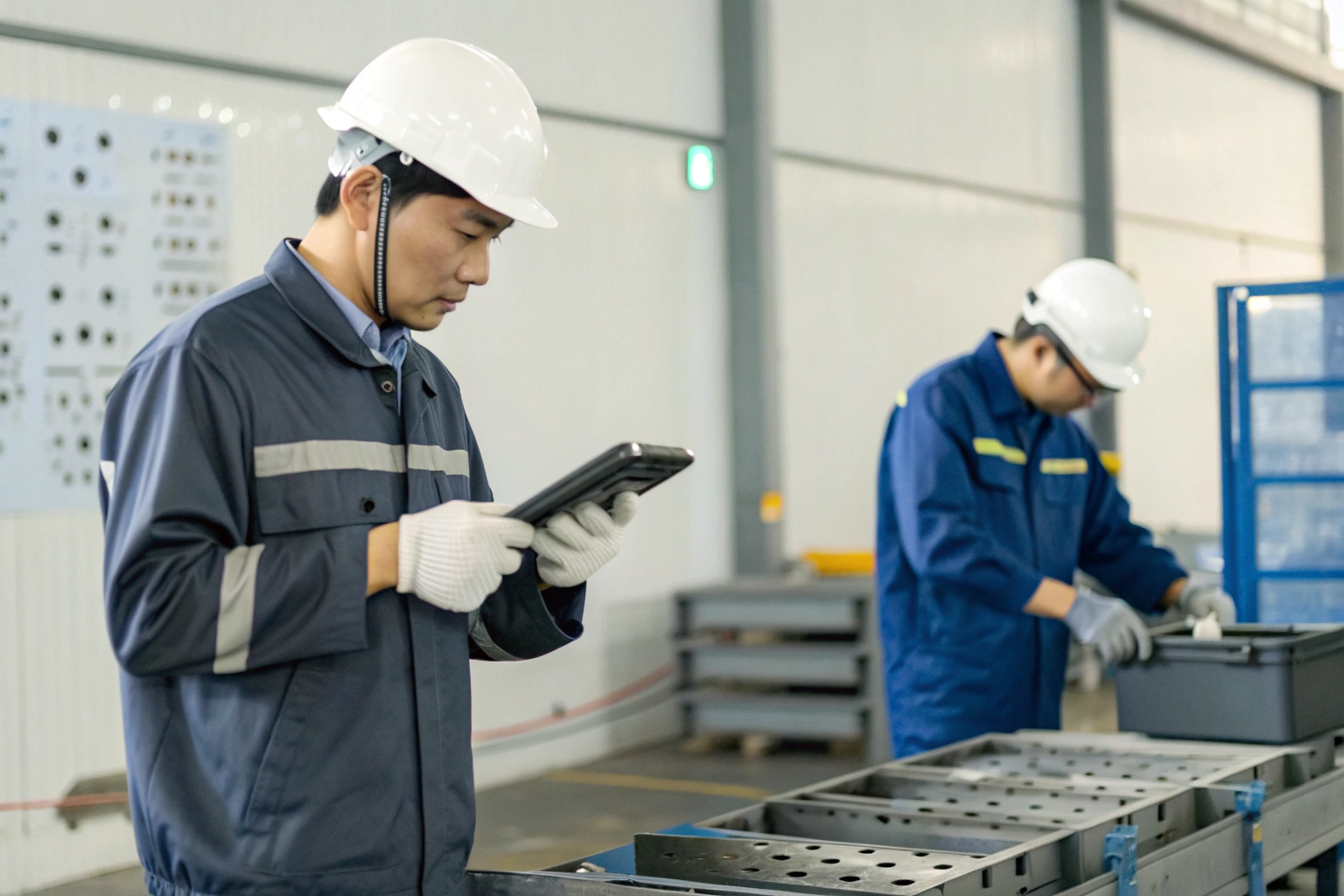 Digital inspection Engineer using tablet for quality control in factory
