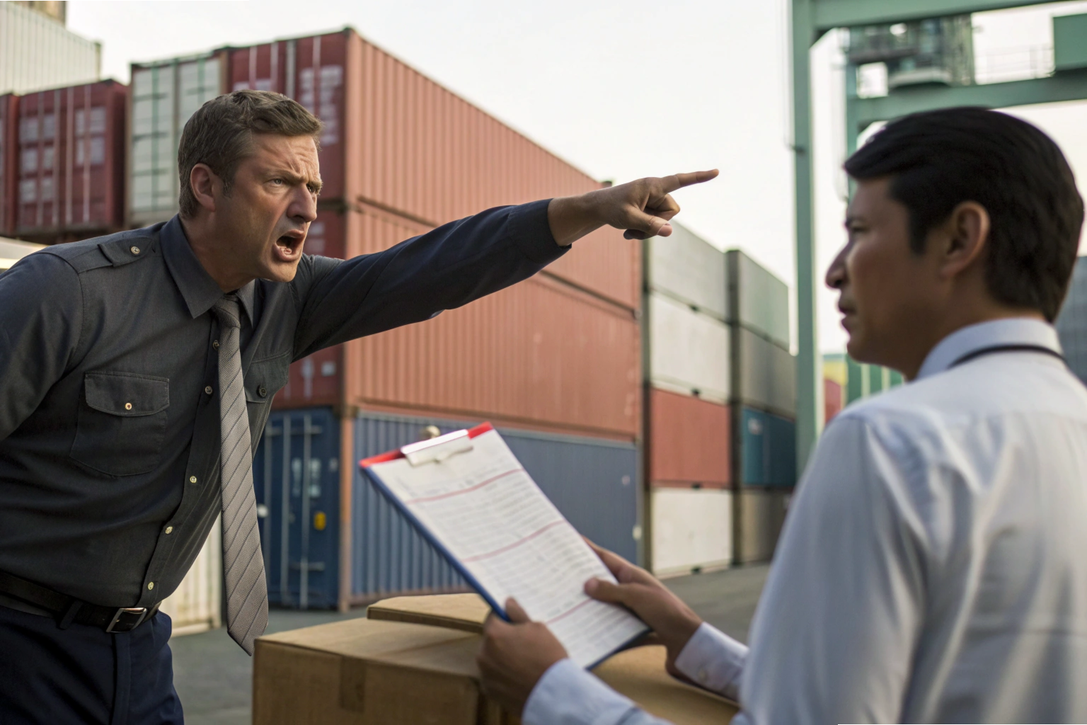 Logistics manager arguing with worker at shipping container yard