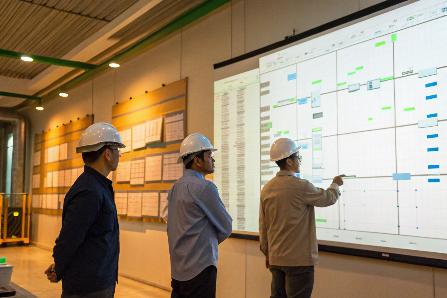 Engineers with helmets reviewing production timeline on large screen