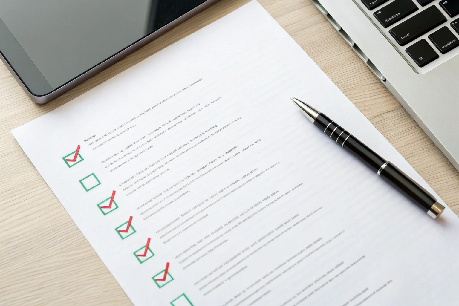 Task checklist Checklist with completed tasks beside pen and laptop (ID#4)