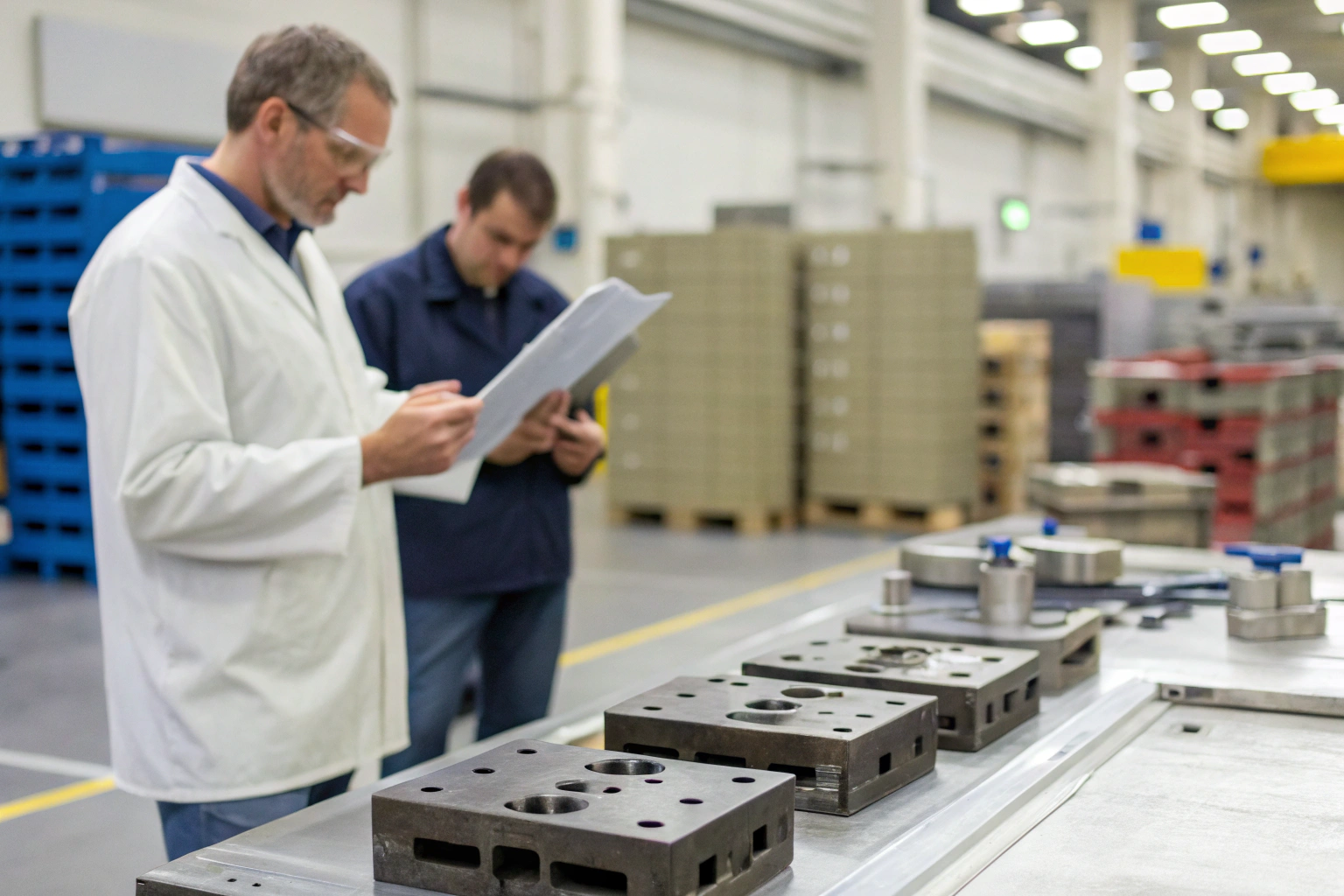 Factory inspection Engineers reviewing technical documents in manufacturing facility