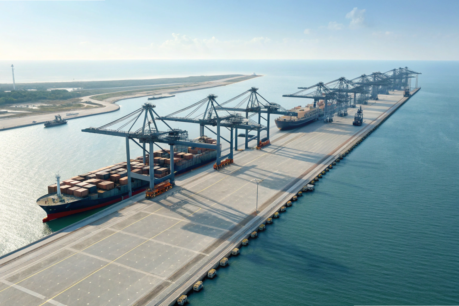 Container terminal Aerial view of large container port with multiple ships