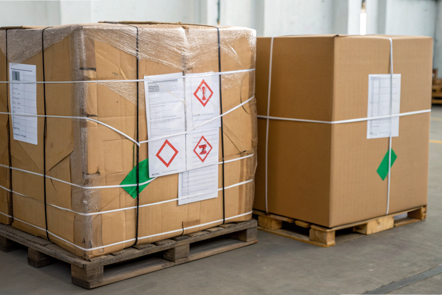 Export packaging Large cardboard boxes with shipping labels and hazard symbols on pallets (ID#1)