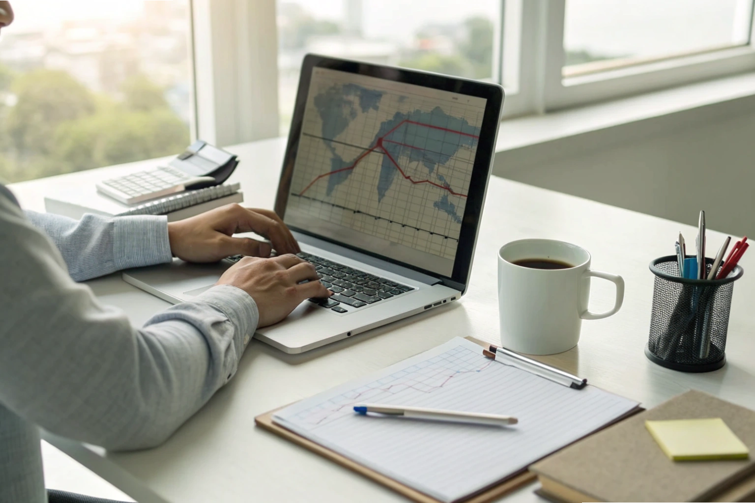 Trade analysis Person analyzing global trade data on laptop with charts (ID#2)