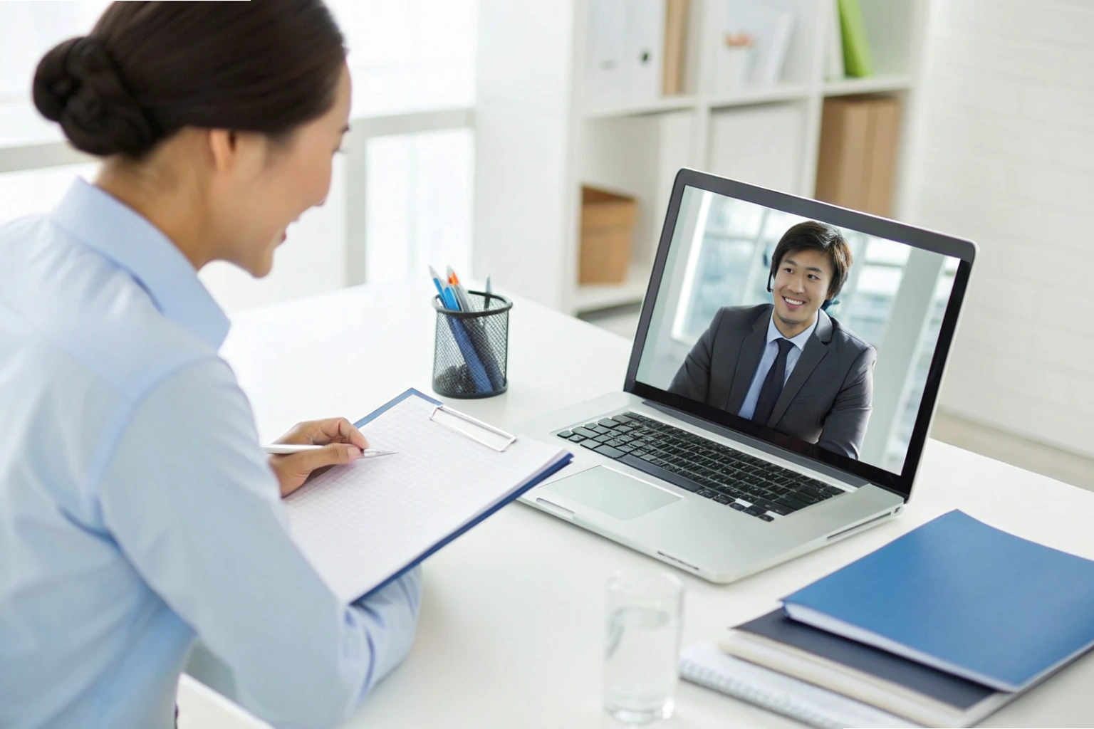 Online meeting Businesswoman in video call with colleague on laptop (ID#3)