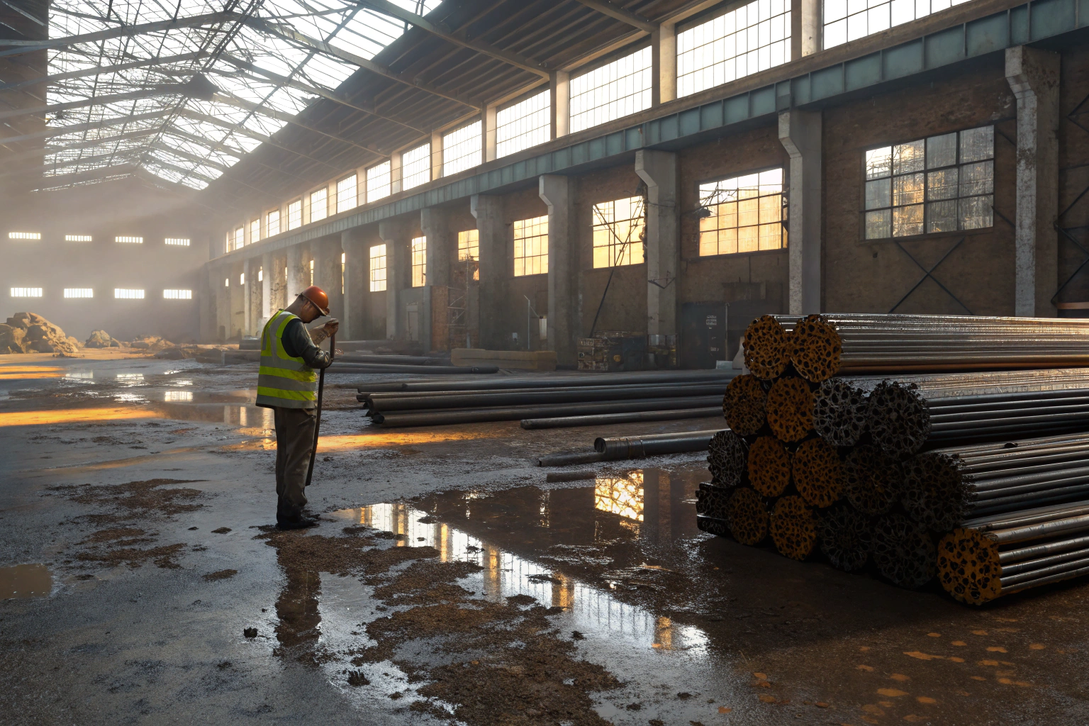 Steel inspection Worker inspecting steel pipes in industrial warehouse