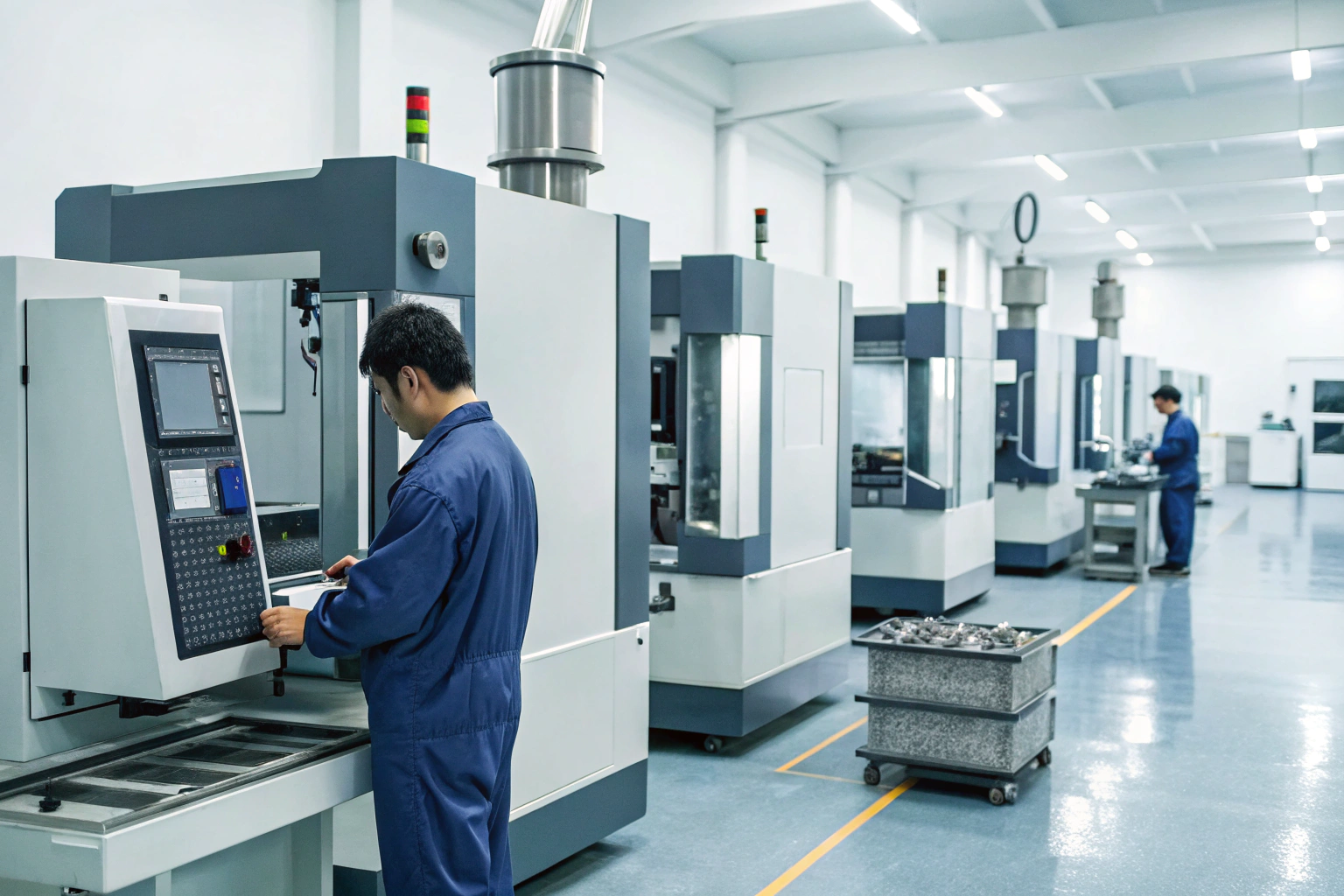 Technicians operating CNC machining centers