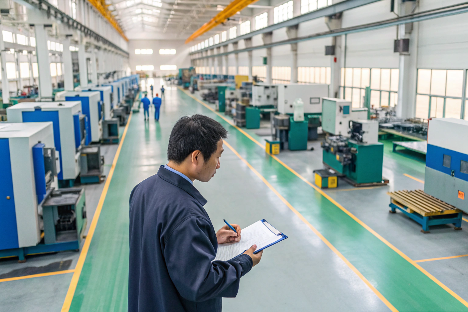 Supervisor inspecting large-scale factory production line