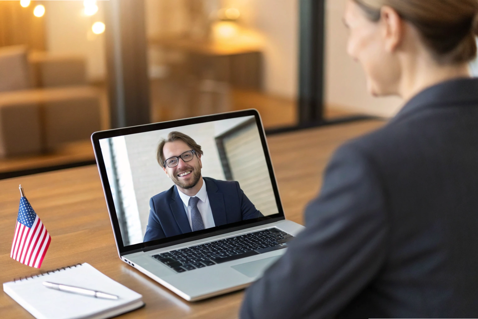 Video conference Businesswoman in video call with smiling man in suit (ID#2)