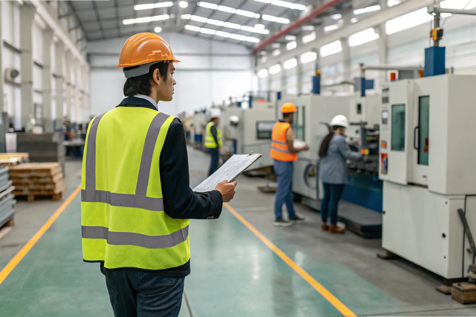 Workshop supervision Supervisor monitoring workers in machining workshop