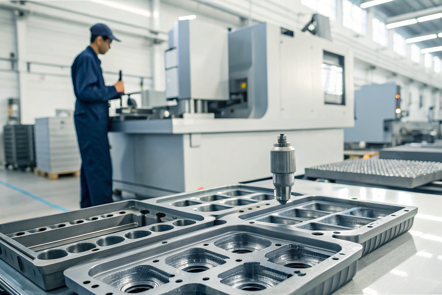 Worker operating CNC machine with precision molds
