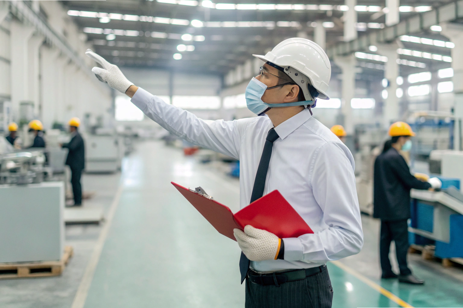 Factory inspection Factory inspector with clipboard overseeing production line workers (ID#2)