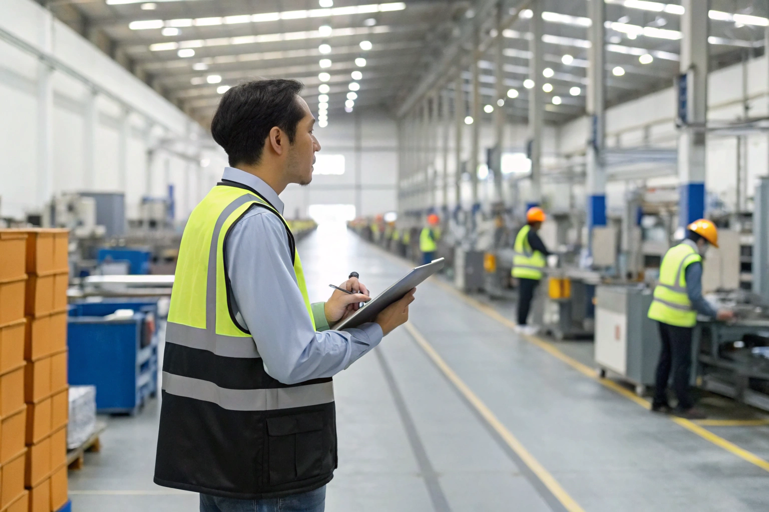 Supervisor monitoring workers in manufacturing plant with clipboard (ID#5