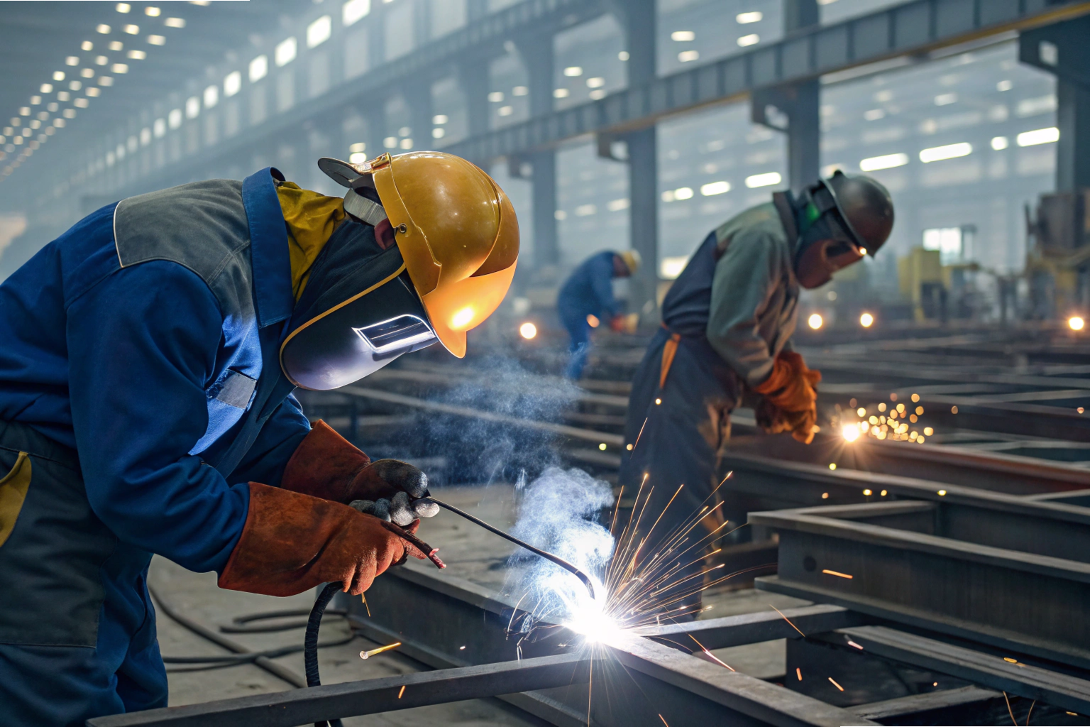 Steel welding Factory workers welding steel components in industrial workshop