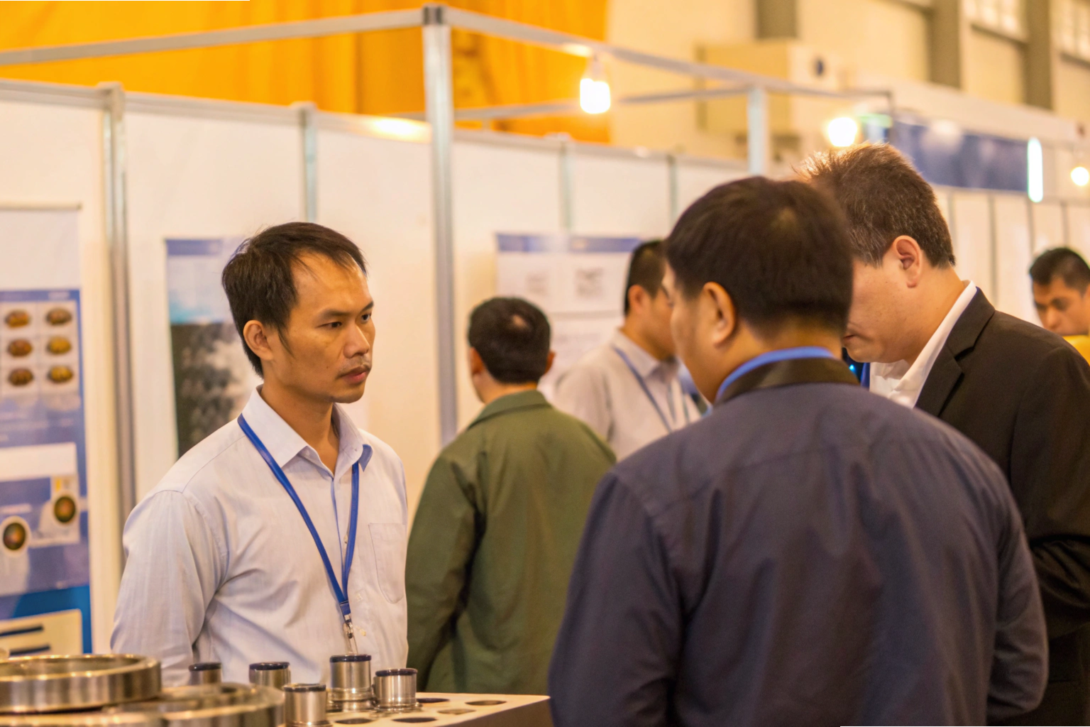 Business professionals discussing machinery components at trade fair booth