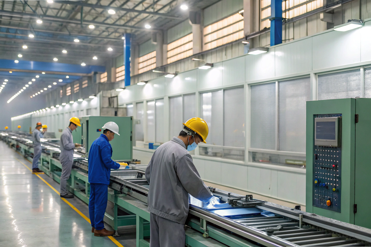 Assembly line Workers assembling products on automated production line