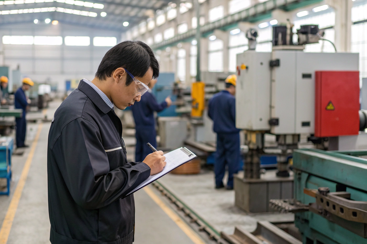 Engineer writing notes during factory inspection with machinery (ID#5)