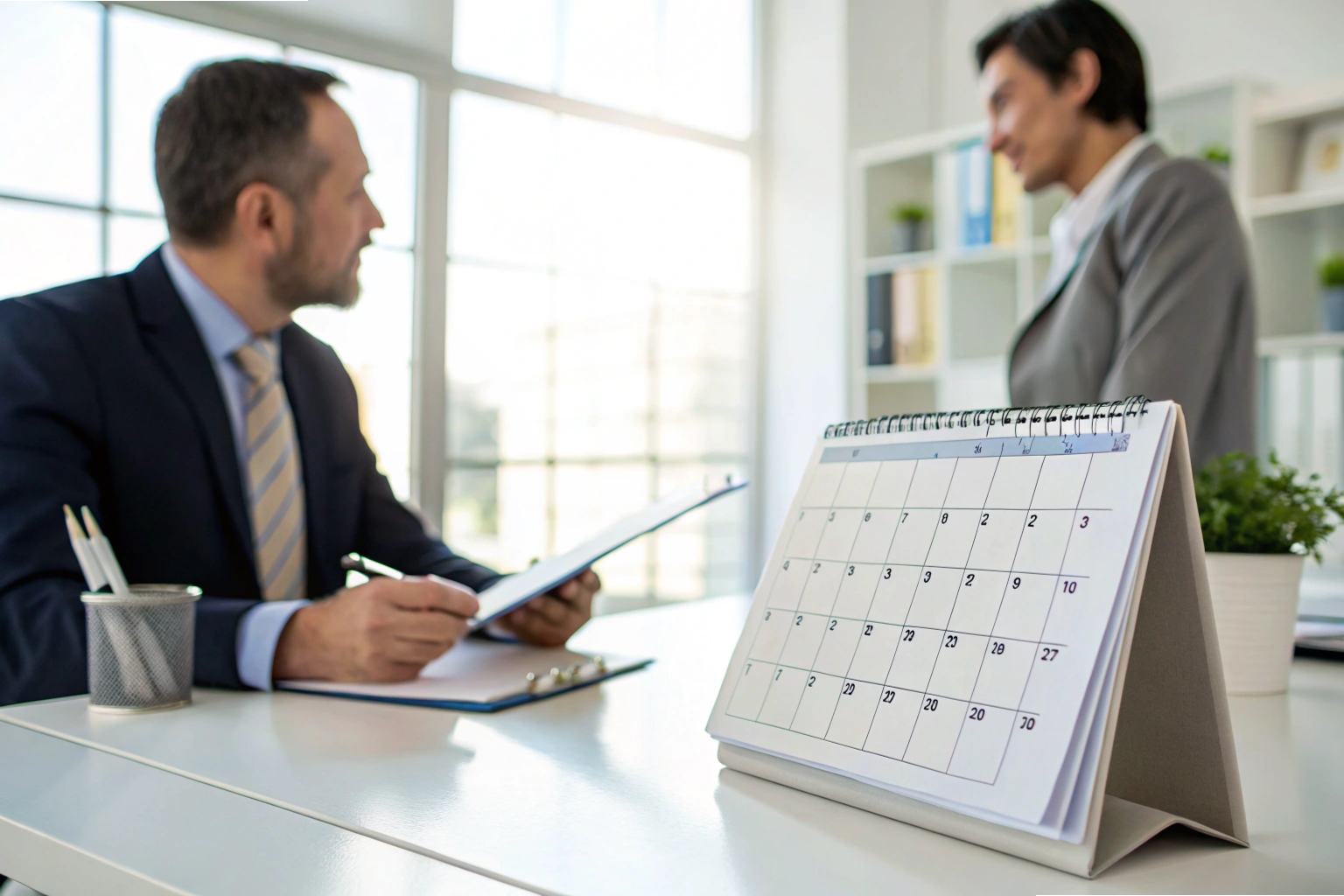 Meeting schedule Business meeting with calendar showing planning schedule on desk (ID#3)